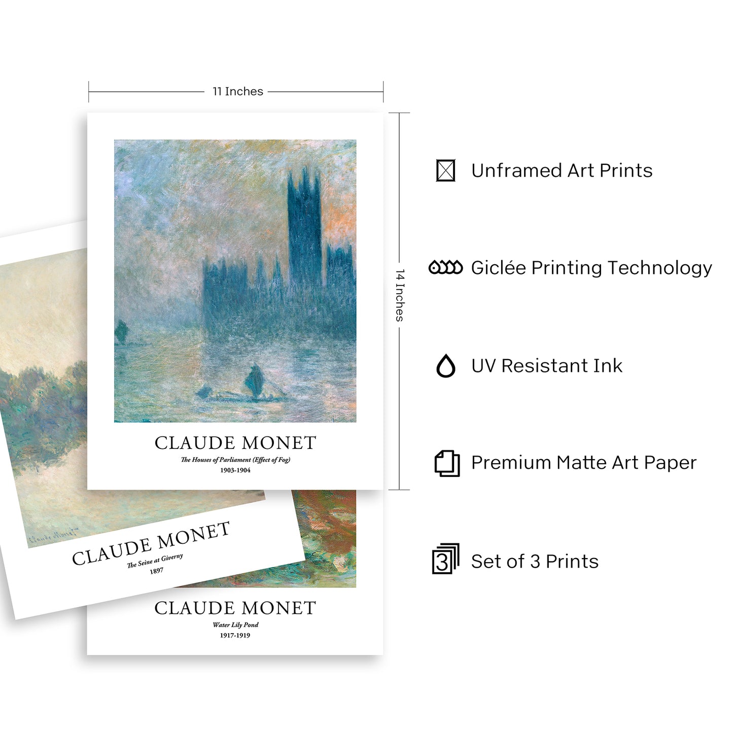 Art Prints - Set of 3 - 11x14 inches - Claude Monet