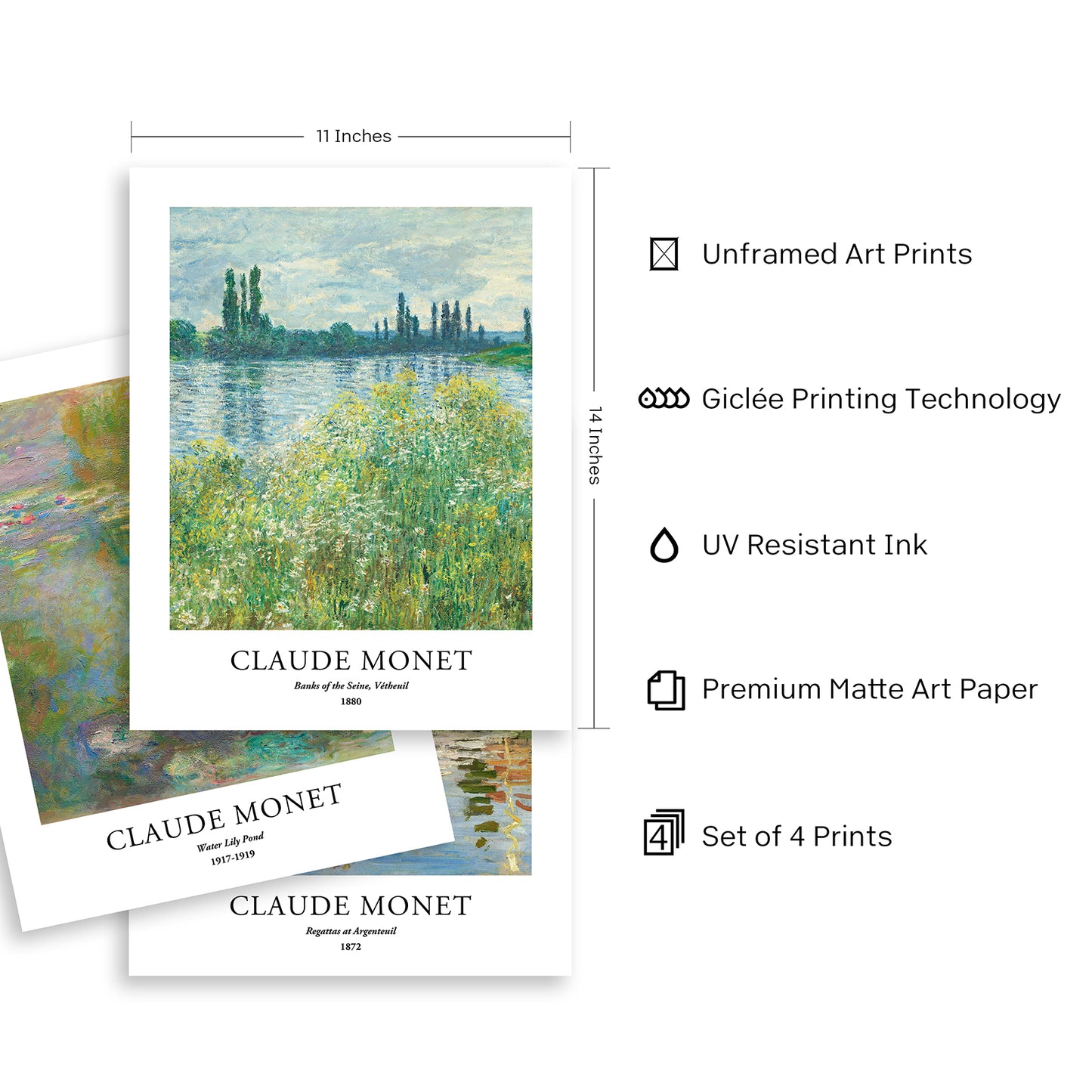 Art Prints - Set of 4 - Unframed 11x14 inches - Claude Monet