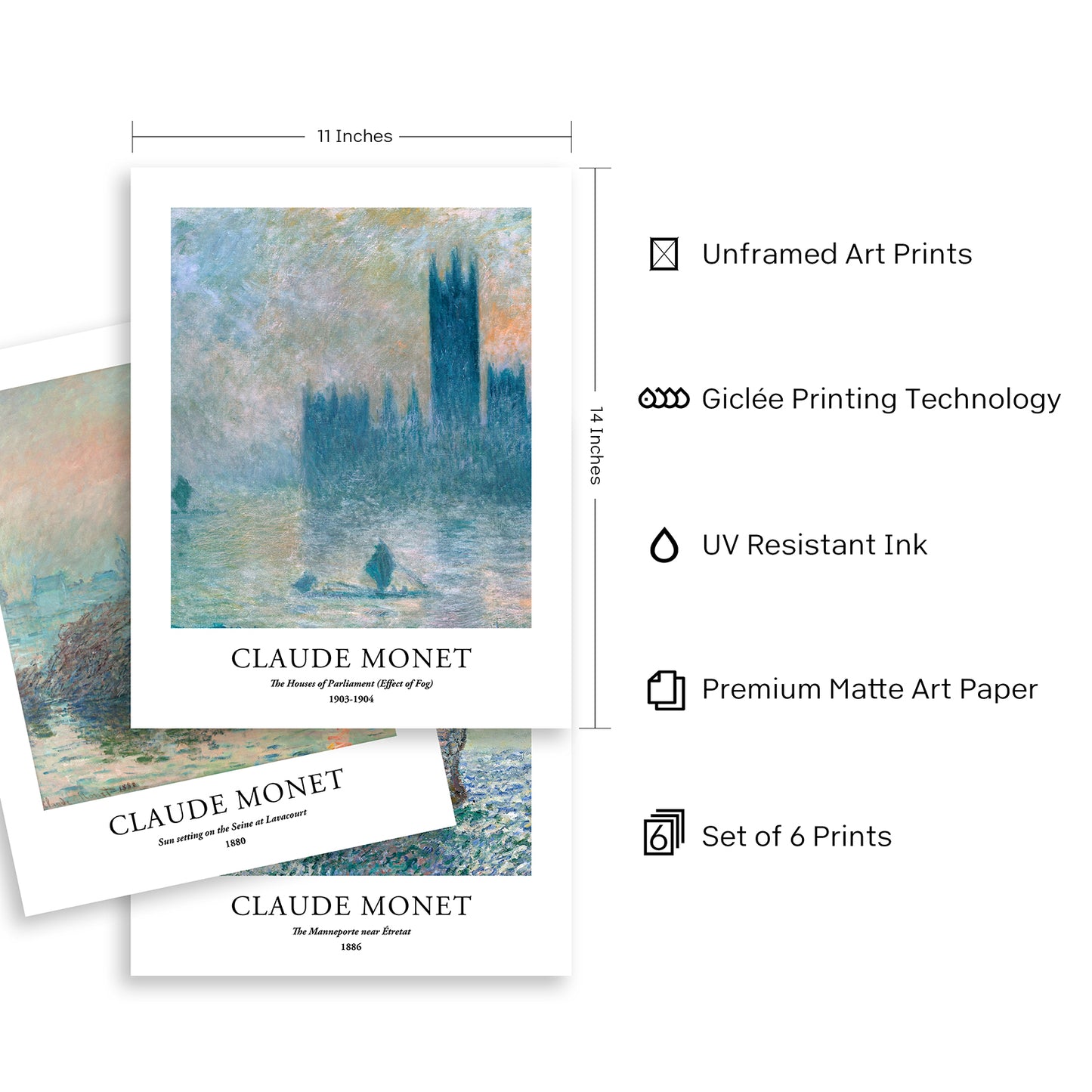 Art Prints - Set of 6 - Unframed 11x14 inches - Claude Monet