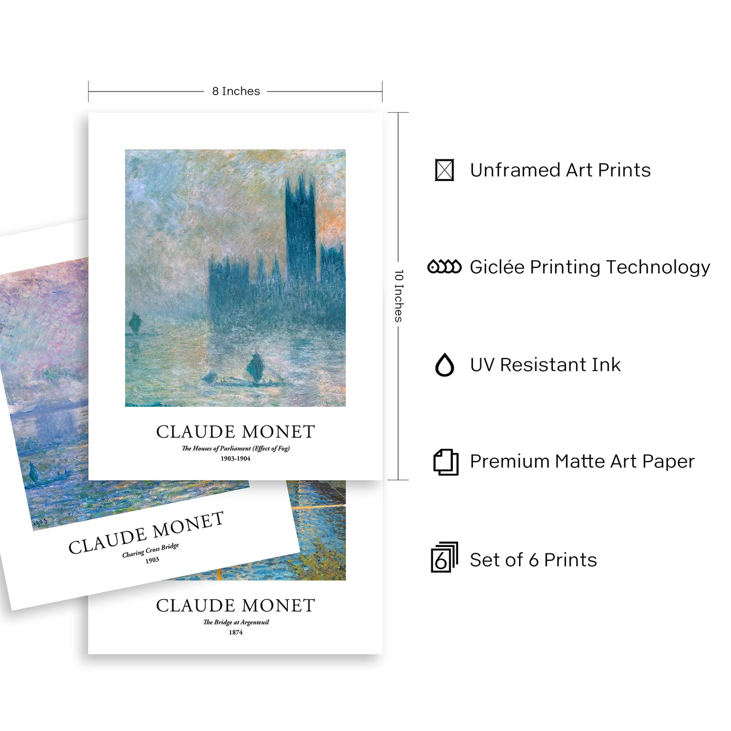 Art Prints - Set of 6 - Unframed 8x10 inches - Claude Monet