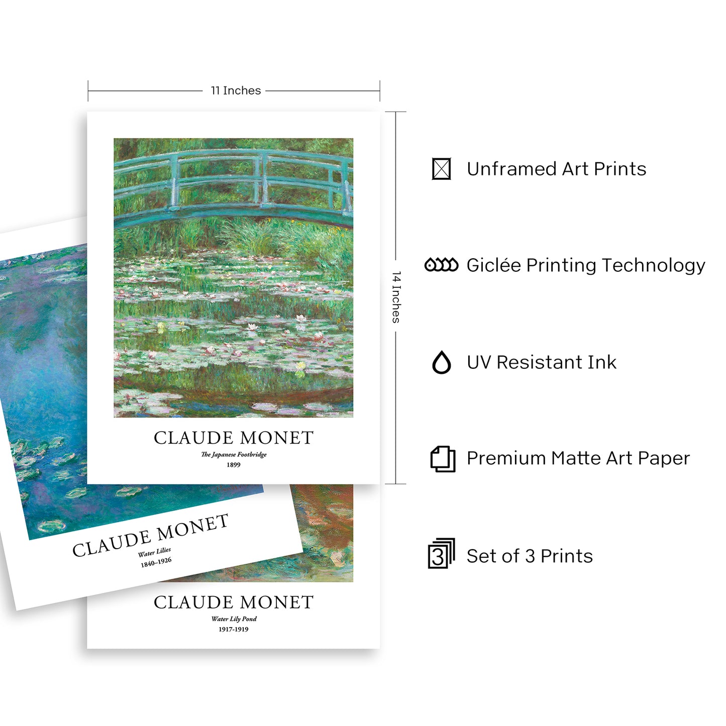 Impresiones de arte - Juego de 3 - 11x14 pulgadas - Claude Monet