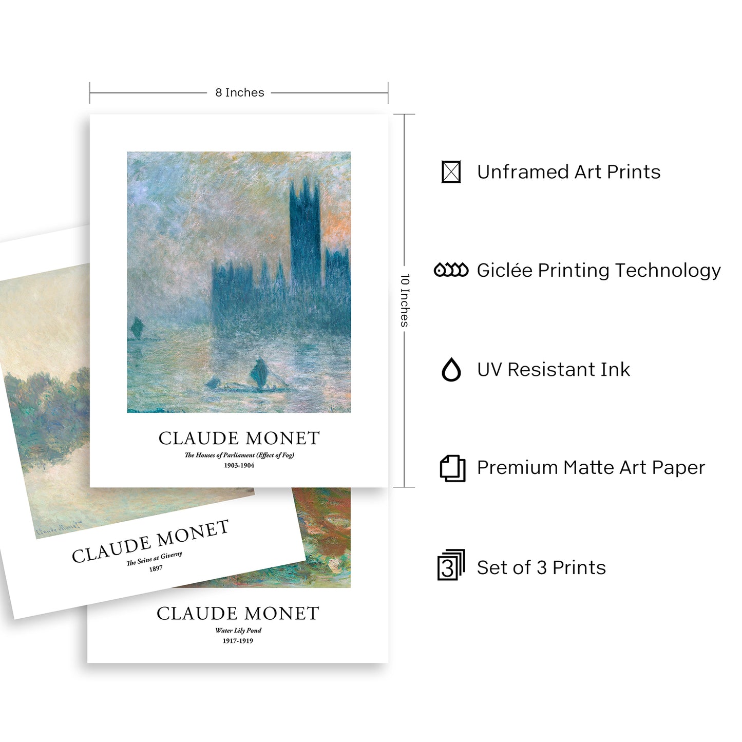 Art Prints - Set of 3 - 8x10 inches - Claude Monet